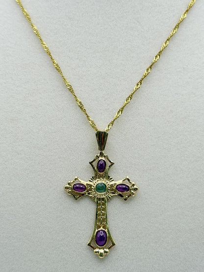 Vintage 14K Yellow Gold Emerald  Ruby Cross Pendant + Complimentary 18k GF Chain
