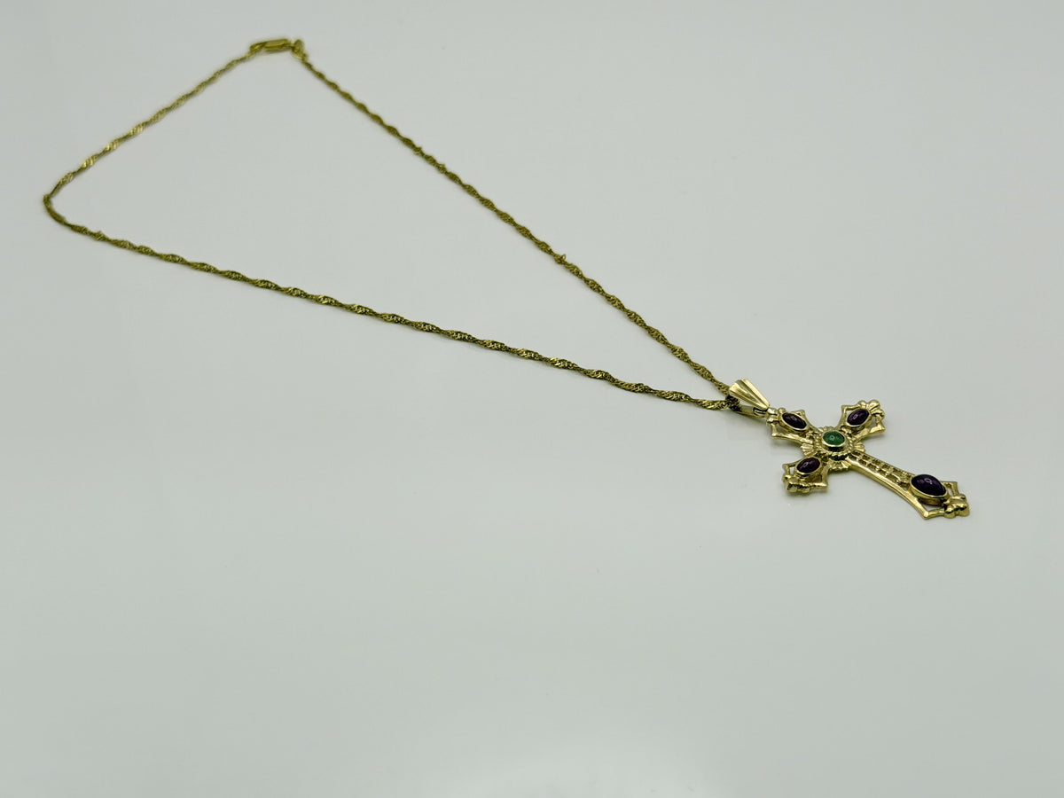 Vintage 14K Yellow Gold Emerald  Ruby Cross Pendant + Complimentary 18k GF Chain