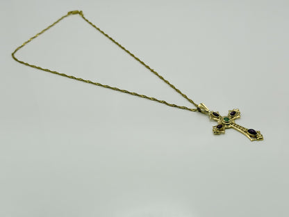 Vintage 14K Yellow Gold Emerald  Ruby Cross Pendant + Complimentary 18k GF Chain