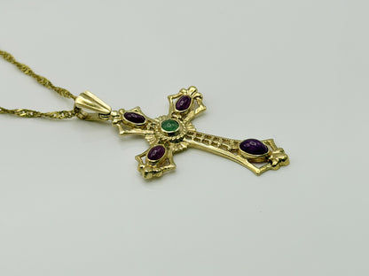 Vintage 14K Yellow Gold Emerald  Ruby Cross Pendant + Complimentary 18k GF Chain
