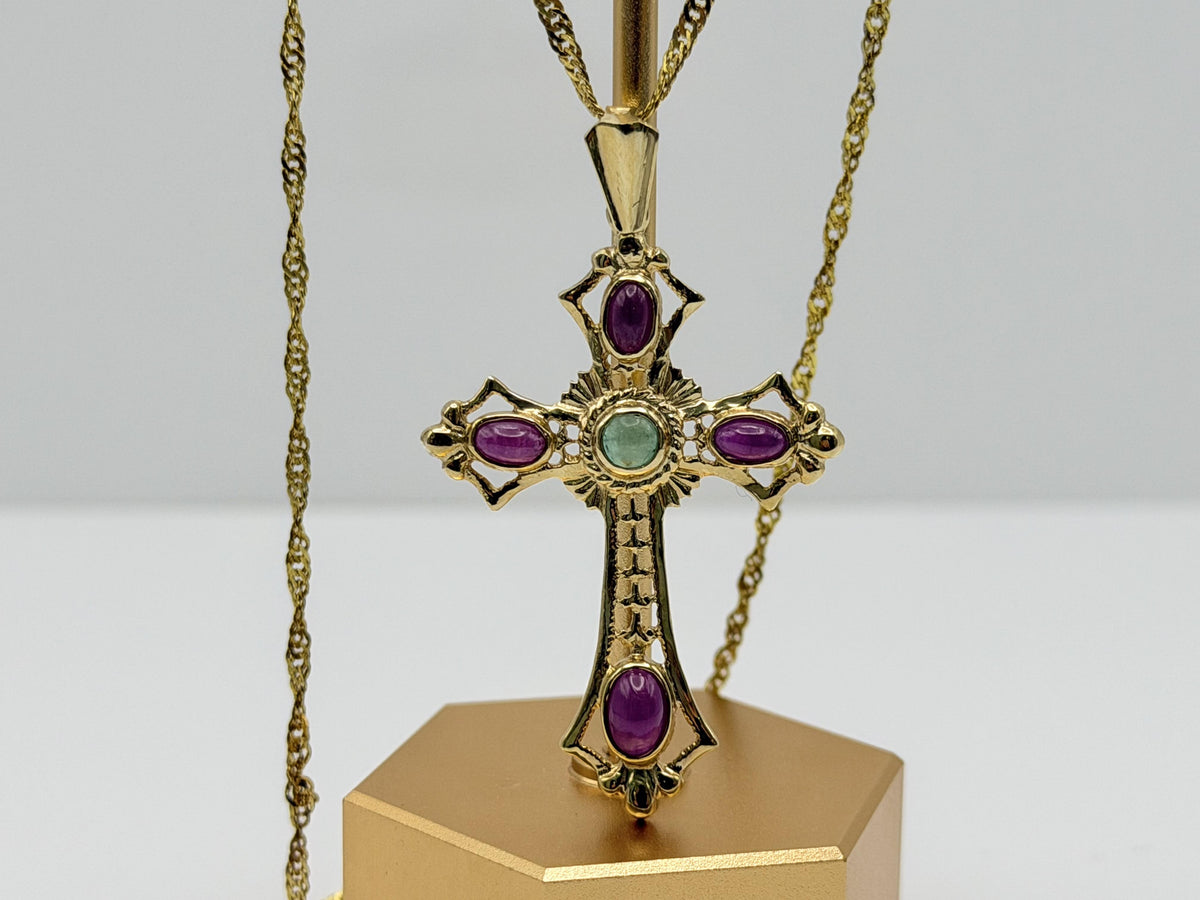 Vintage 14K Yellow Gold Emerald  Ruby Cross Pendant + Complimentary 18k GF Chain
