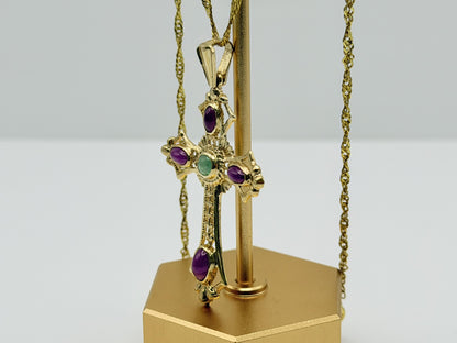 Vintage 14K Yellow Gold Emerald  Ruby Cross Pendant + Complimentary 18k GF Chain