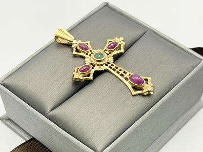 Vintage 14K Yellow Gold Emerald  Ruby Cross Pendant + Complimentary 18k GF Chain