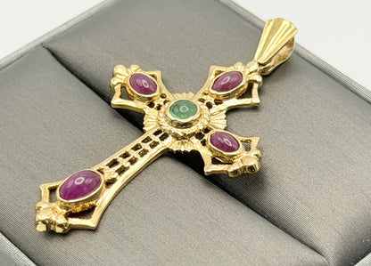 Vintage 14K Yellow Gold Emerald  Ruby Cross Pendant + Complimentary 18k GF Chain