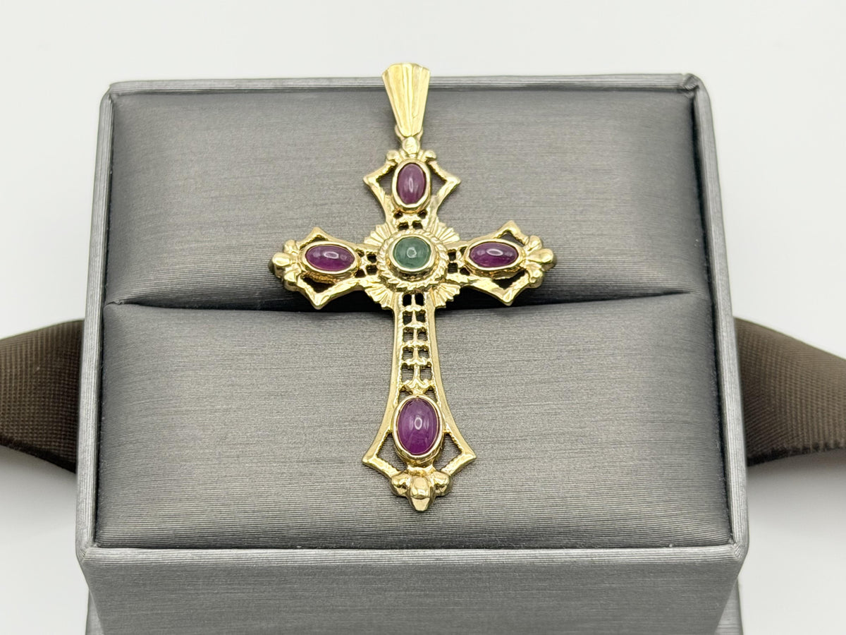 Vintage 14K Yellow Gold Emerald  Ruby Cross Pendant + Complimentary 18k GF Chain