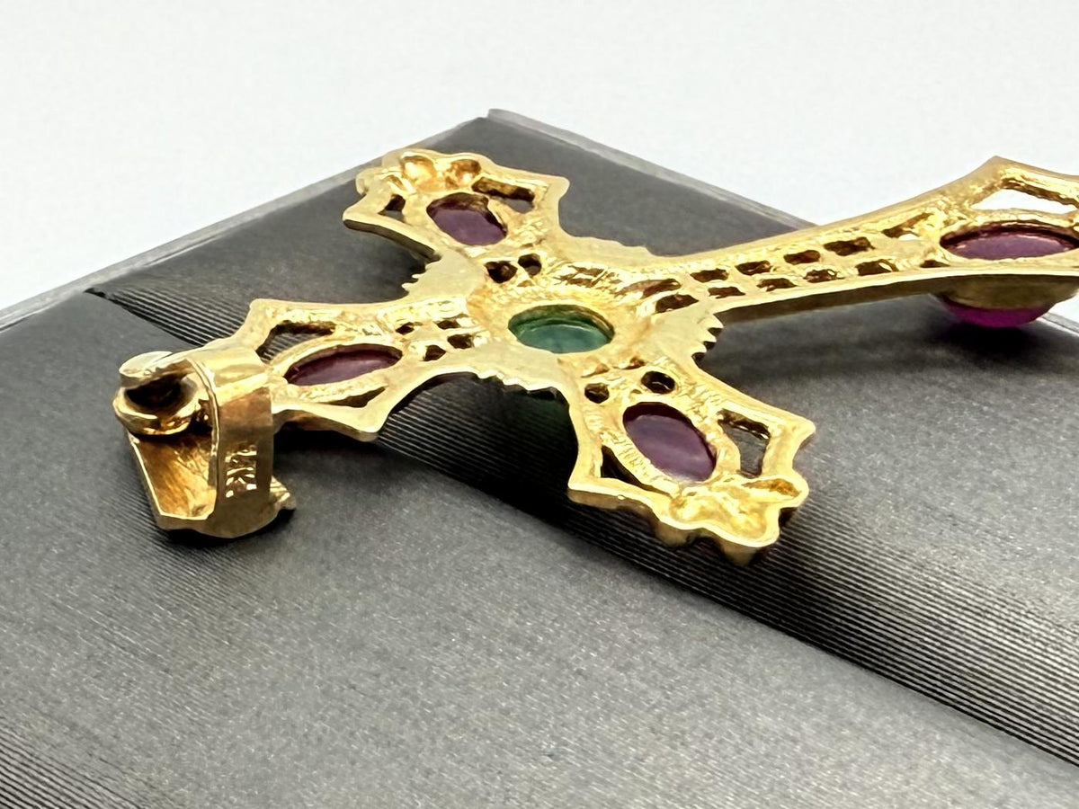 Vintage 14K Yellow Gold Emerald  Ruby Cross Pendant + Complimentary 18k GF Chain