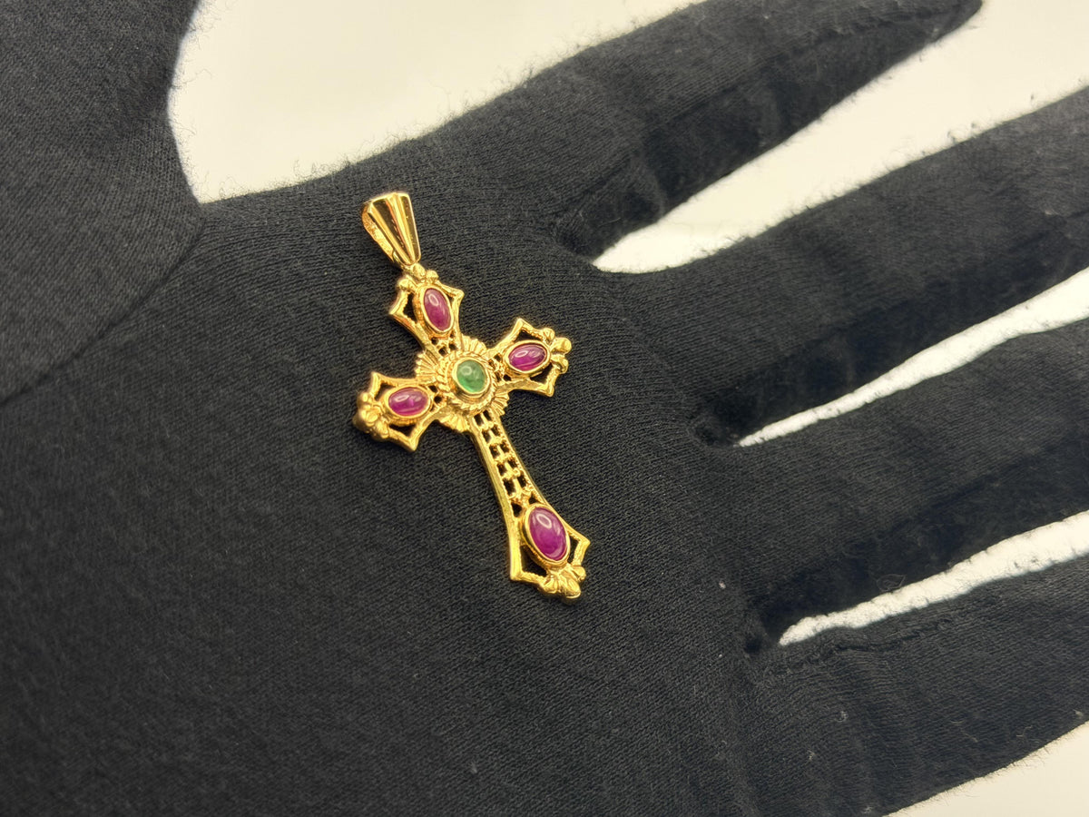 Vintage 14K Yellow Gold Emerald  Ruby Cross Pendant + Complimentary 18k GF Chain