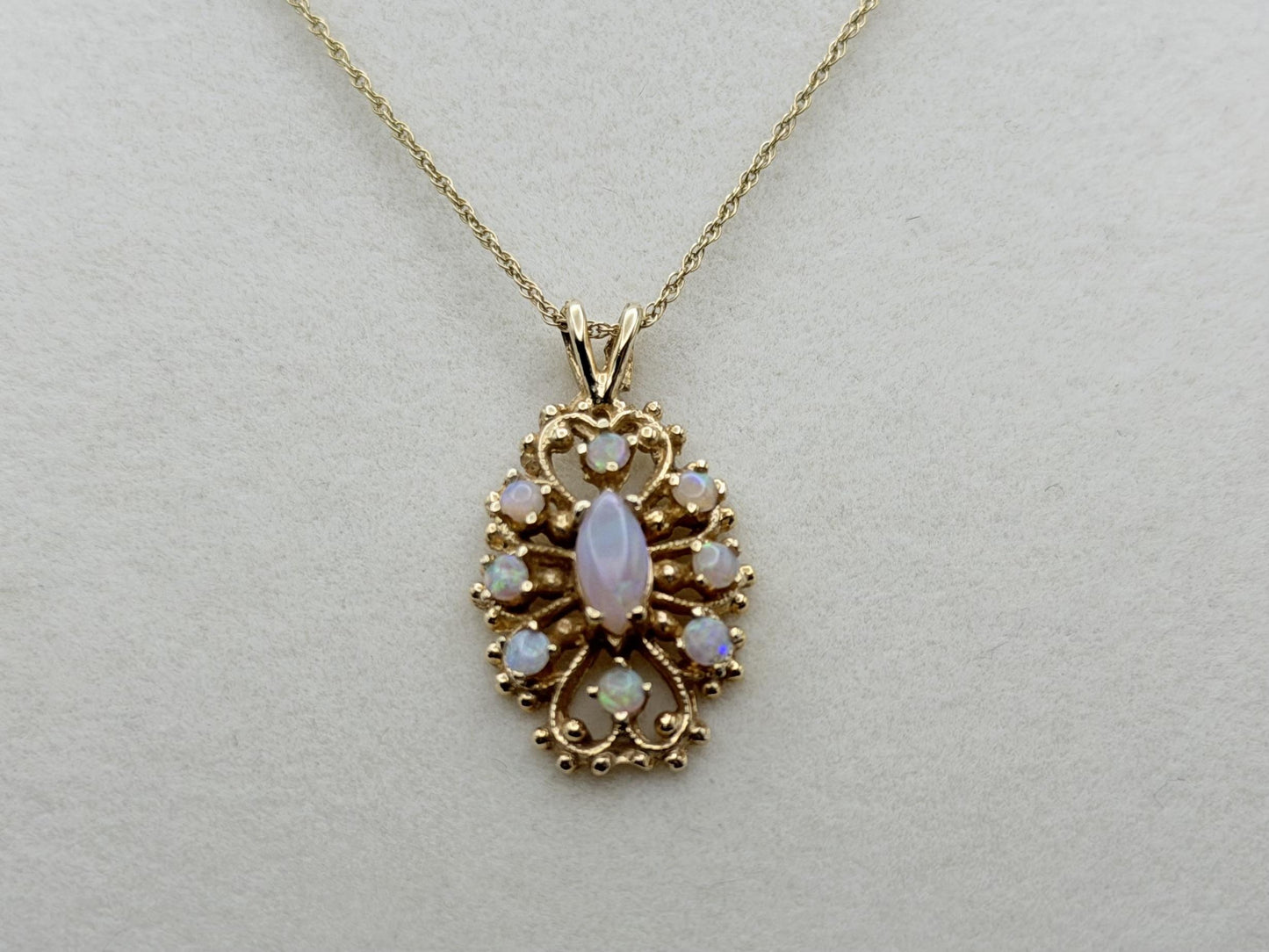 Vintage 14K Gold Opal Necklace Marquise Opal Floral Pendant 15 Inch Chain