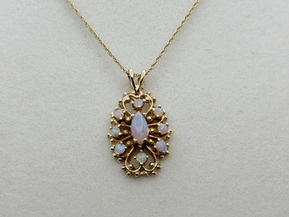 Vintage 14K Gold Opal Necklace Marquise Opal Floral Pendant 15 Inch Chain