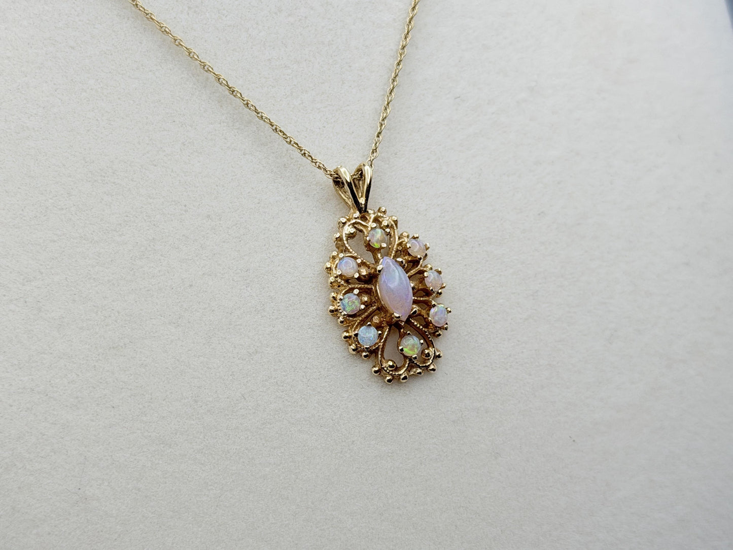Vintage 14K Gold Opal Necklace Marquise Opal Floral Pendant 15 Inch Chain