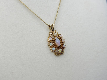 Vintage 14K Gold Opal Necklace Marquise Opal Floral Pendant 15 Inch Chain