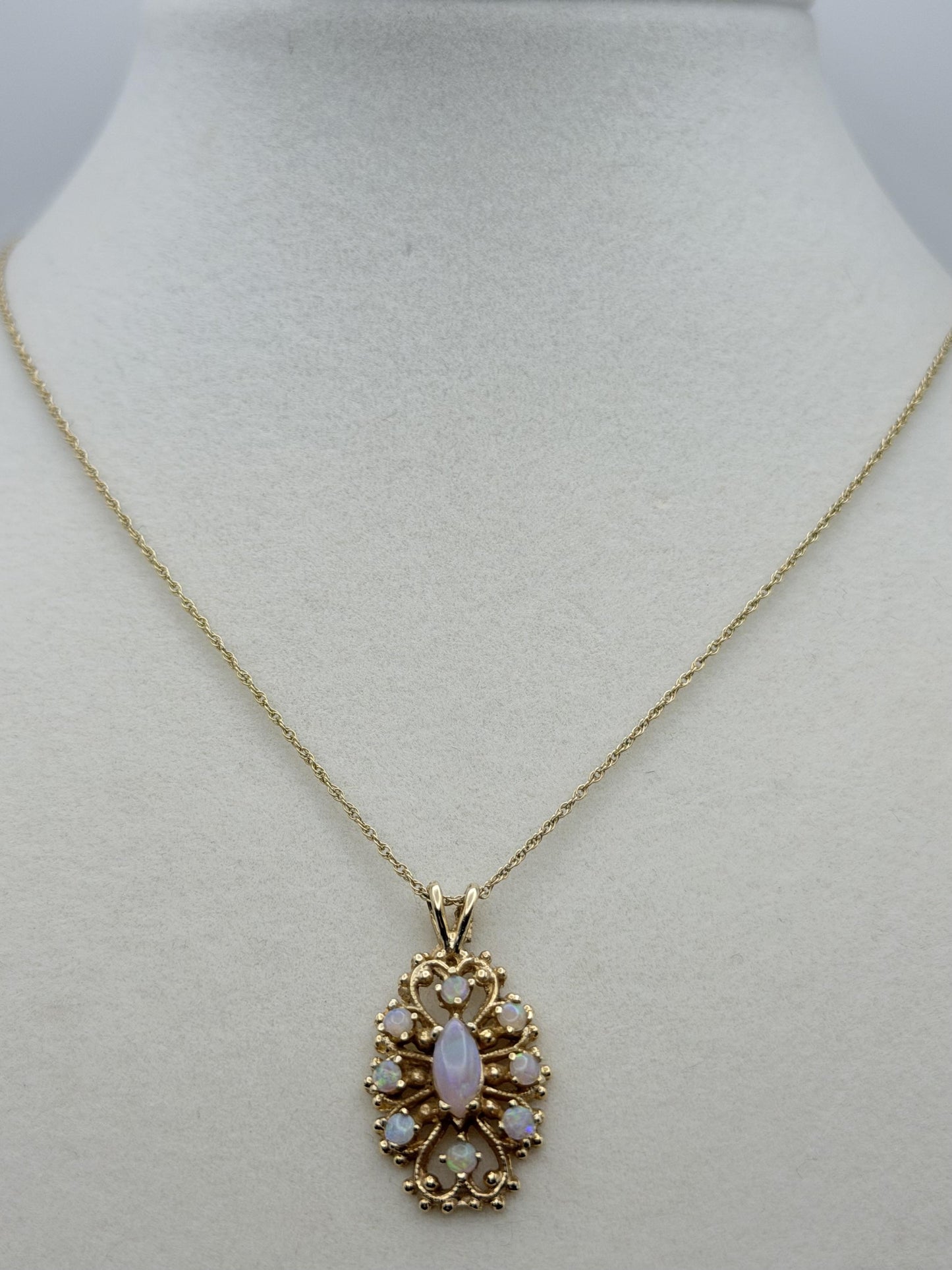 Vintage 14K Gold Opal Necklace Marquise Opal Floral Pendant 15 Inch Chain
