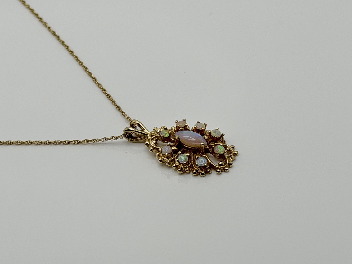 Vintage 14K Gold Opal Necklace Marquise Opal Floral Pendant 15 Inch Chain