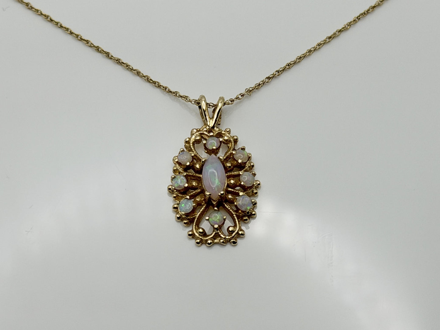 Vintage 14K Gold Opal Necklace Marquise Opal Floral Pendant 15 Inch Chain