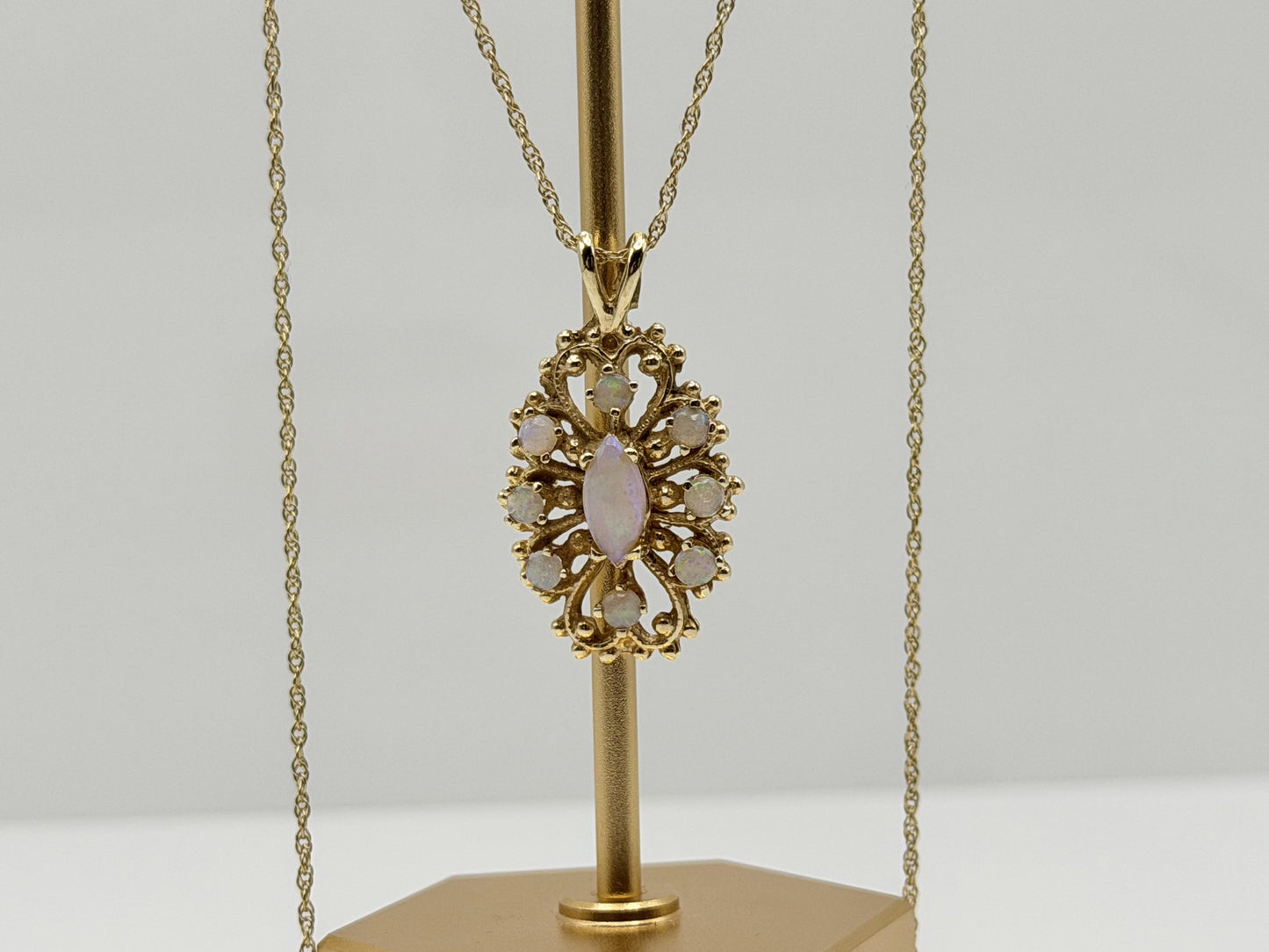 Vintage 14K Gold Opal Necklace Marquise Opal Floral Pendant 15 Inch Chain