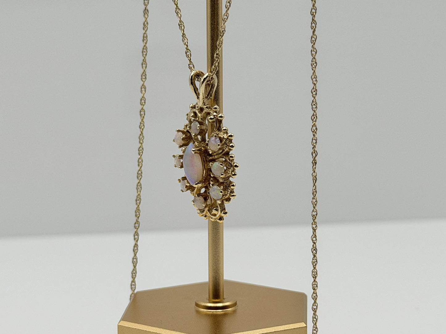 Vintage 14K Gold Opal Necklace Marquise Opal Floral Pendant 15 Inch Chain