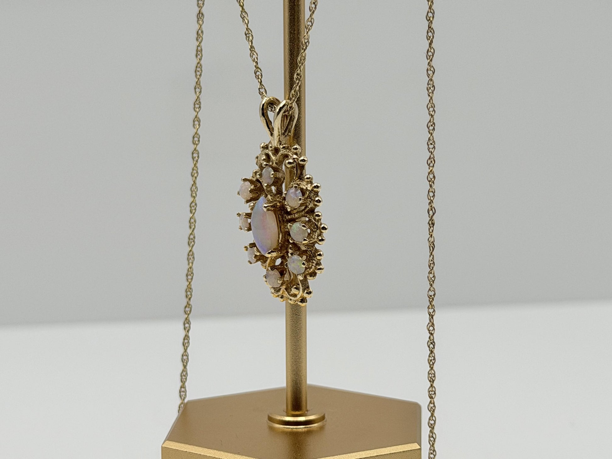 Vintage 14K Gold Opal Necklace Marquise Opal Floral Pendant 15 Inch Chain