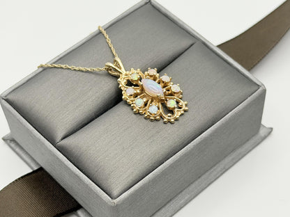 Vintage 14K Gold Opal Necklace Marquise Opal Floral Pendant 15 Inch Chain