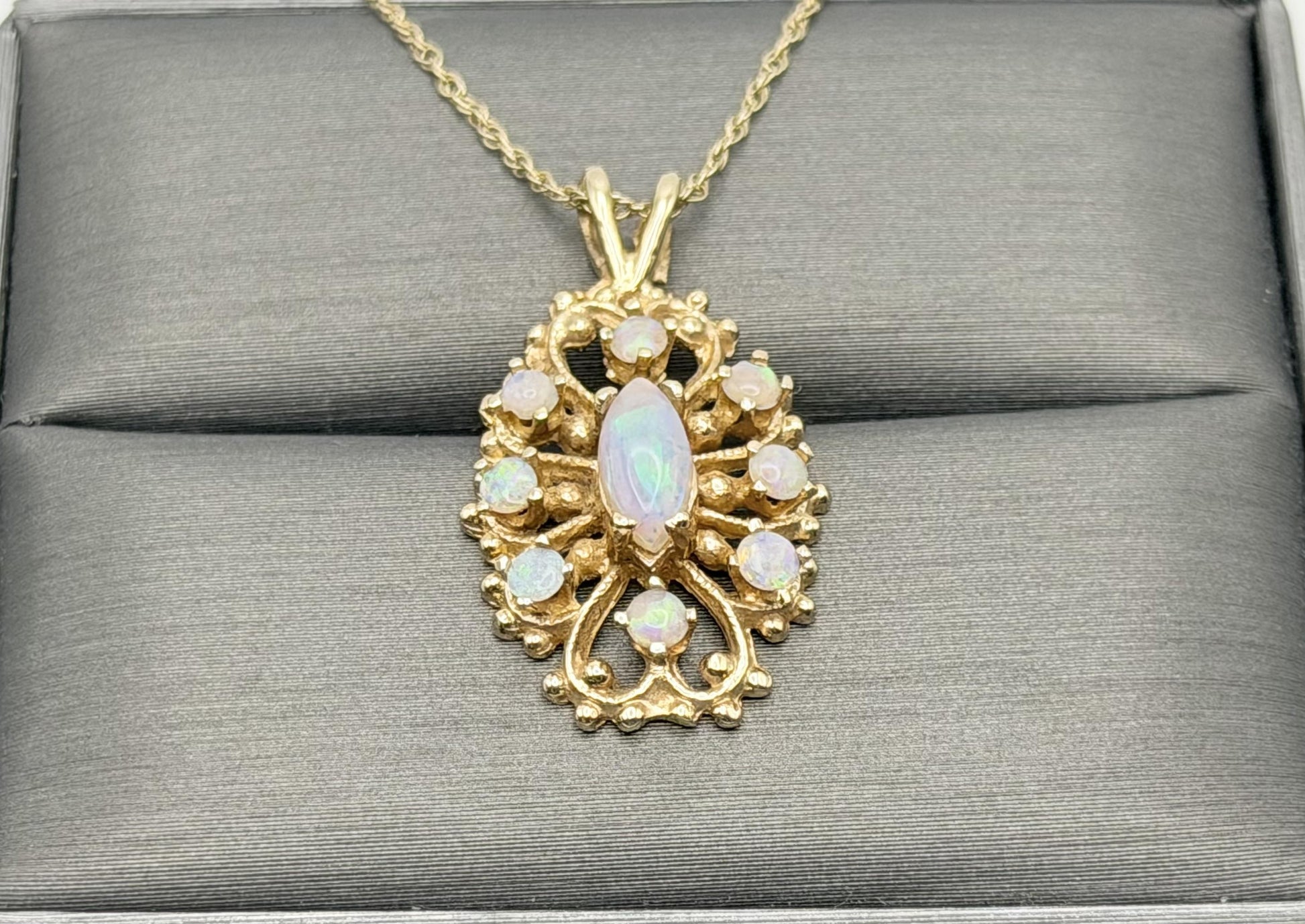 Vintage 14K Gold Opal Necklace Marquise Opal Floral Pendant 15 Inch Chain