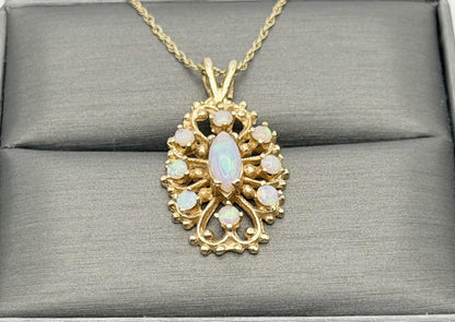 Vintage 14K Gold Opal Necklace Marquise Opal Floral Pendant 15 Inch Chain