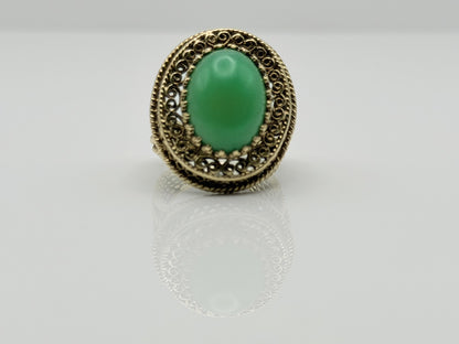 10k Yellow Gold Green Onyx Filigree Cocktail Ring. Ornate Oval Statement Ring.