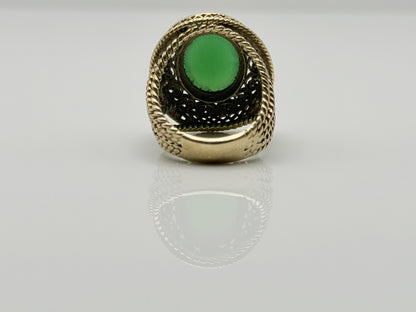 10k Yellow Gold Green Onyx Filigree Cocktail Ring. Ornate Oval Statement Ring.