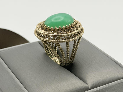 10k Yellow Gold Green Onyx Filigree Cocktail Ring. Ornate Oval Statement Ring.
