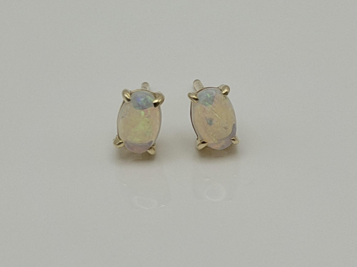 Vintage 14K Gold Opal Stud Earrings, Oval Opal Earrings
