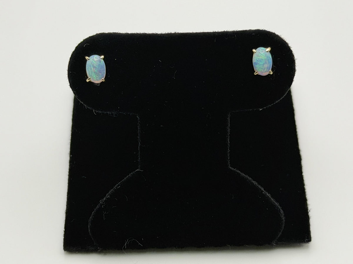 Vintage 14K Gold Opal Stud Earrings, Oval Opal Earrings
