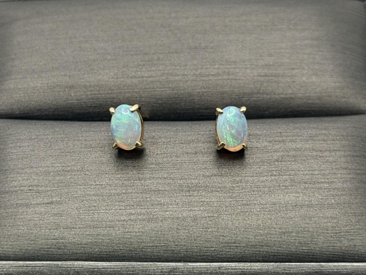 Vintage 14K Gold Opal Stud Earrings, Oval Opal Earrings