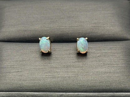 Vintage 14K Gold Opal Stud Earrings, Oval Opal Earrings