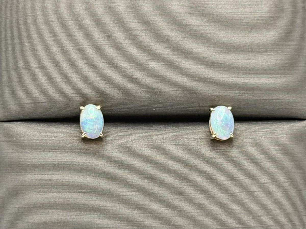 Vintage 14K Gold Opal Stud Earrings, Oval Opal Earrings