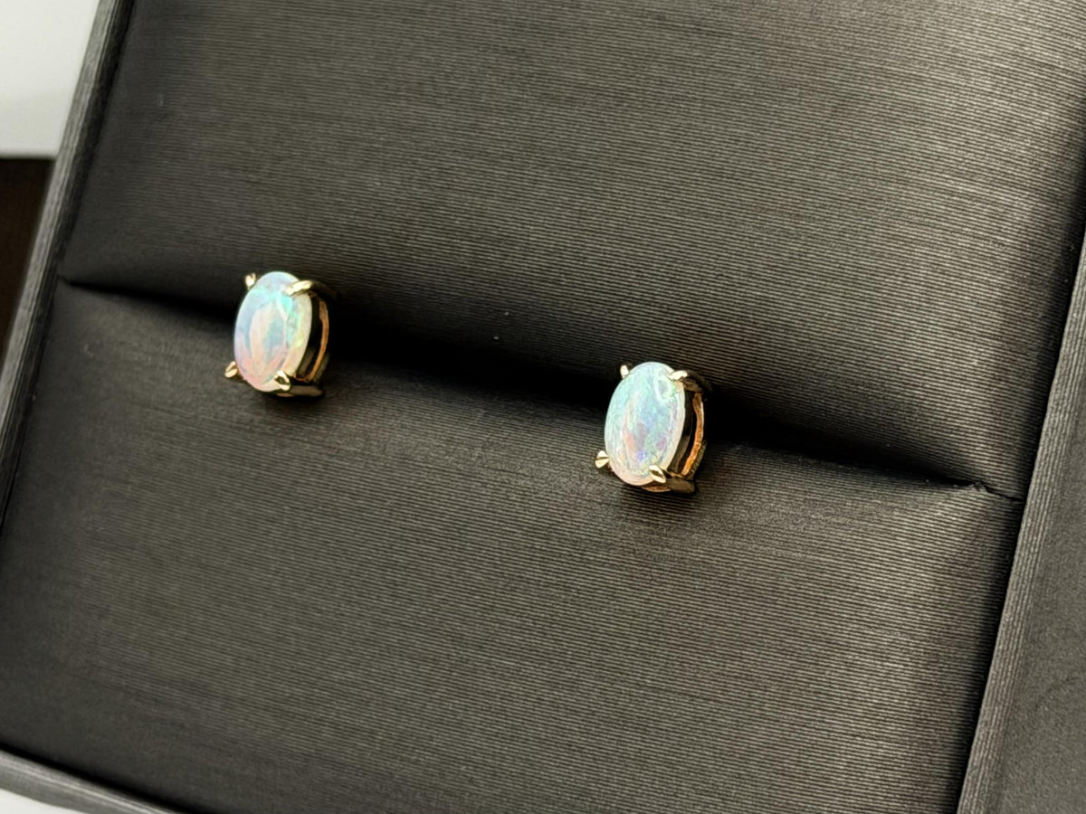 Vintage 14K Gold Opal Stud Earrings, Oval Opal Earrings