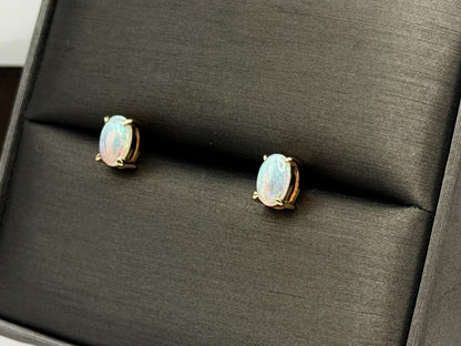 Vintage 14K Gold Opal Stud Earrings, Oval Opal Earrings