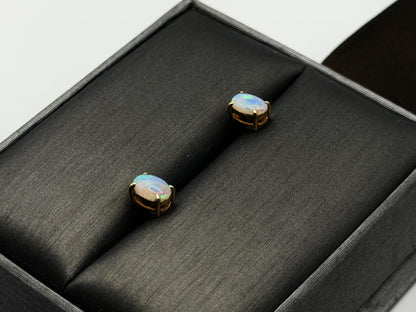 Vintage 14K Gold Opal Stud Earrings, Oval Opal Earrings