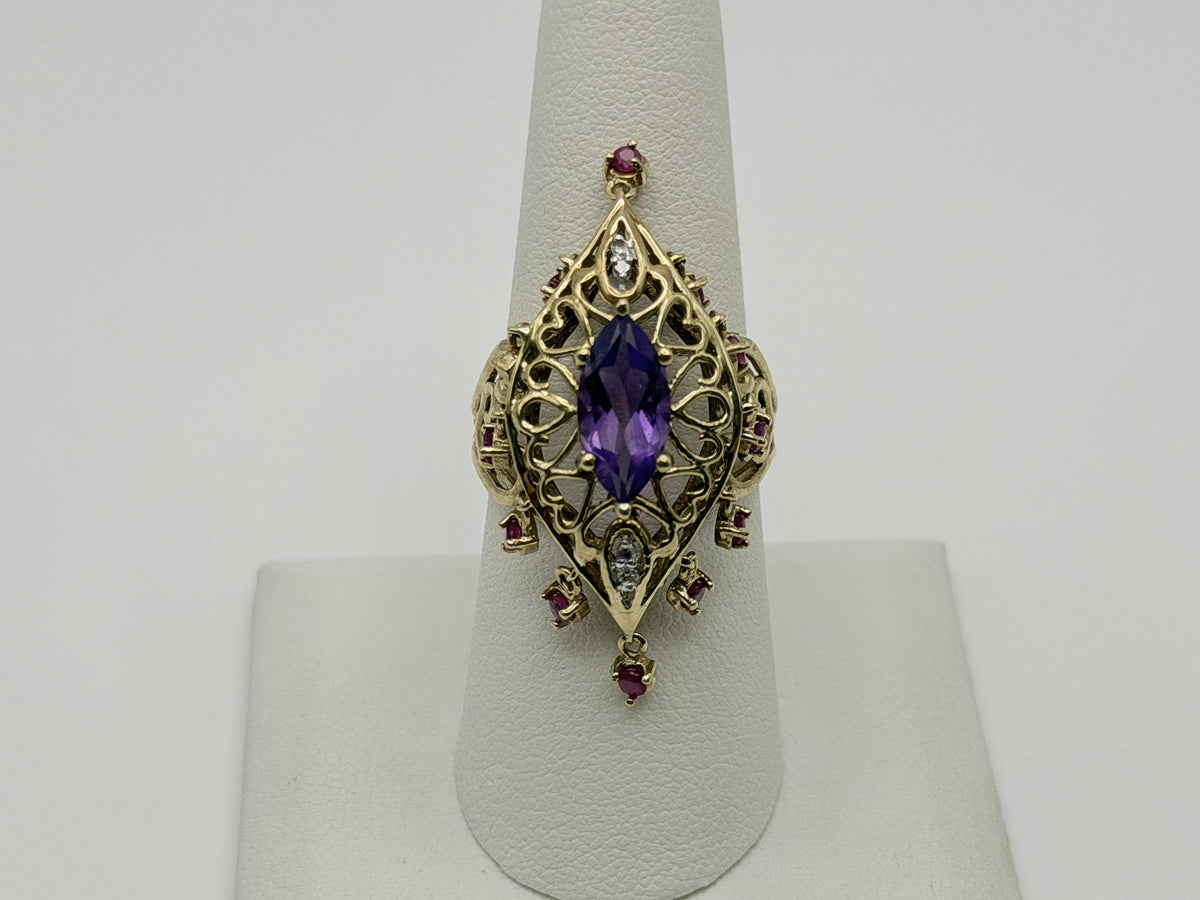 10k yellow Gold Amethyst Ruby Diamond Ring. Filigree Statement Cocktail Ring.