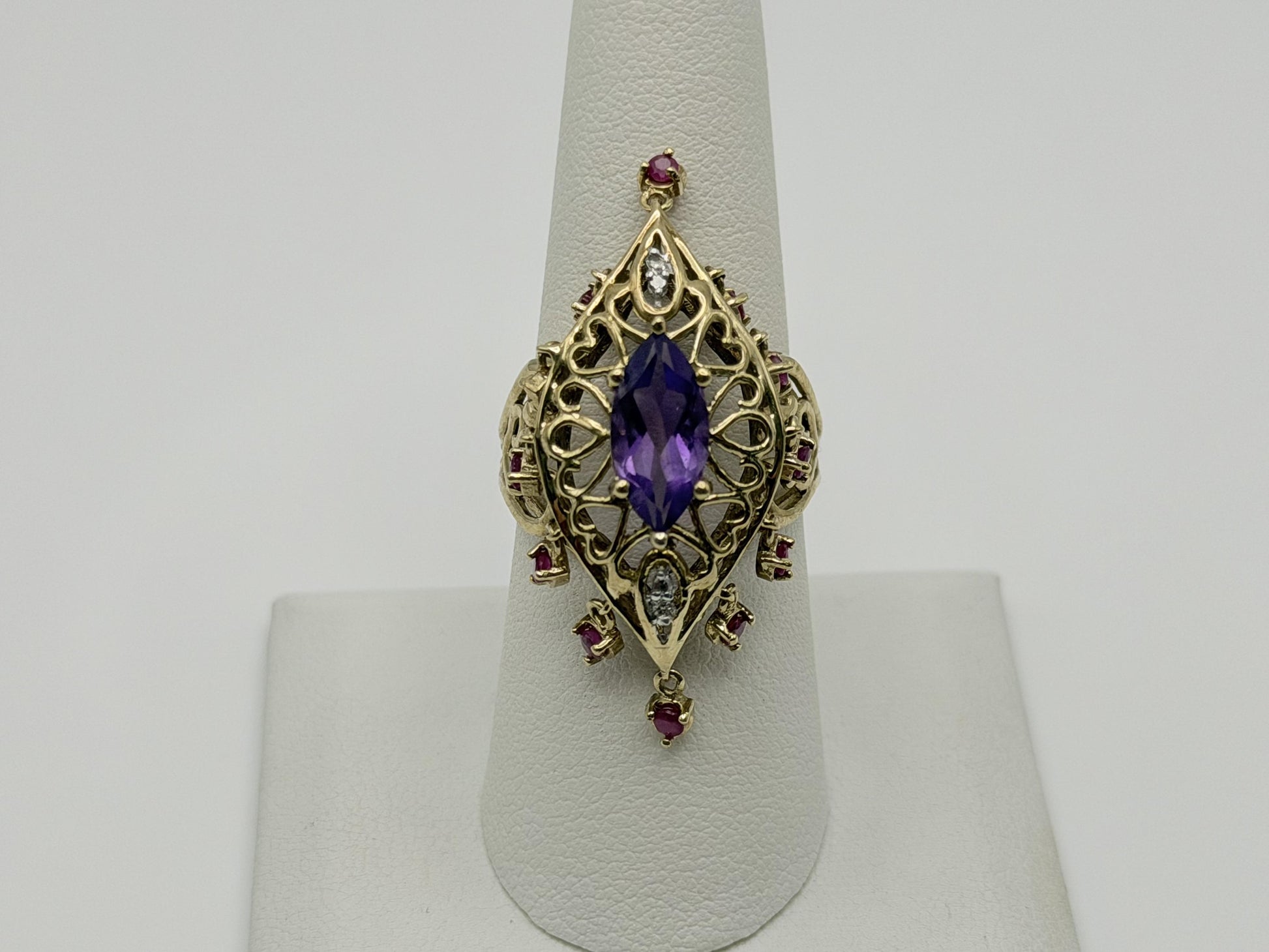 10k yellow Gold Amethyst Ruby Diamond Ring. Filigree Statement Cocktail Ring.