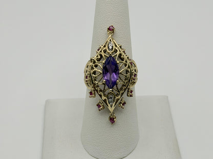 10k yellow Gold Amethyst Ruby Diamond Ring. Filigree Statement Cocktail Ring.