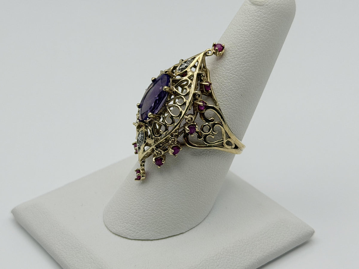10k yellow Gold Amethyst Ruby Diamond Ring. Filigree Statement Cocktail Ring.