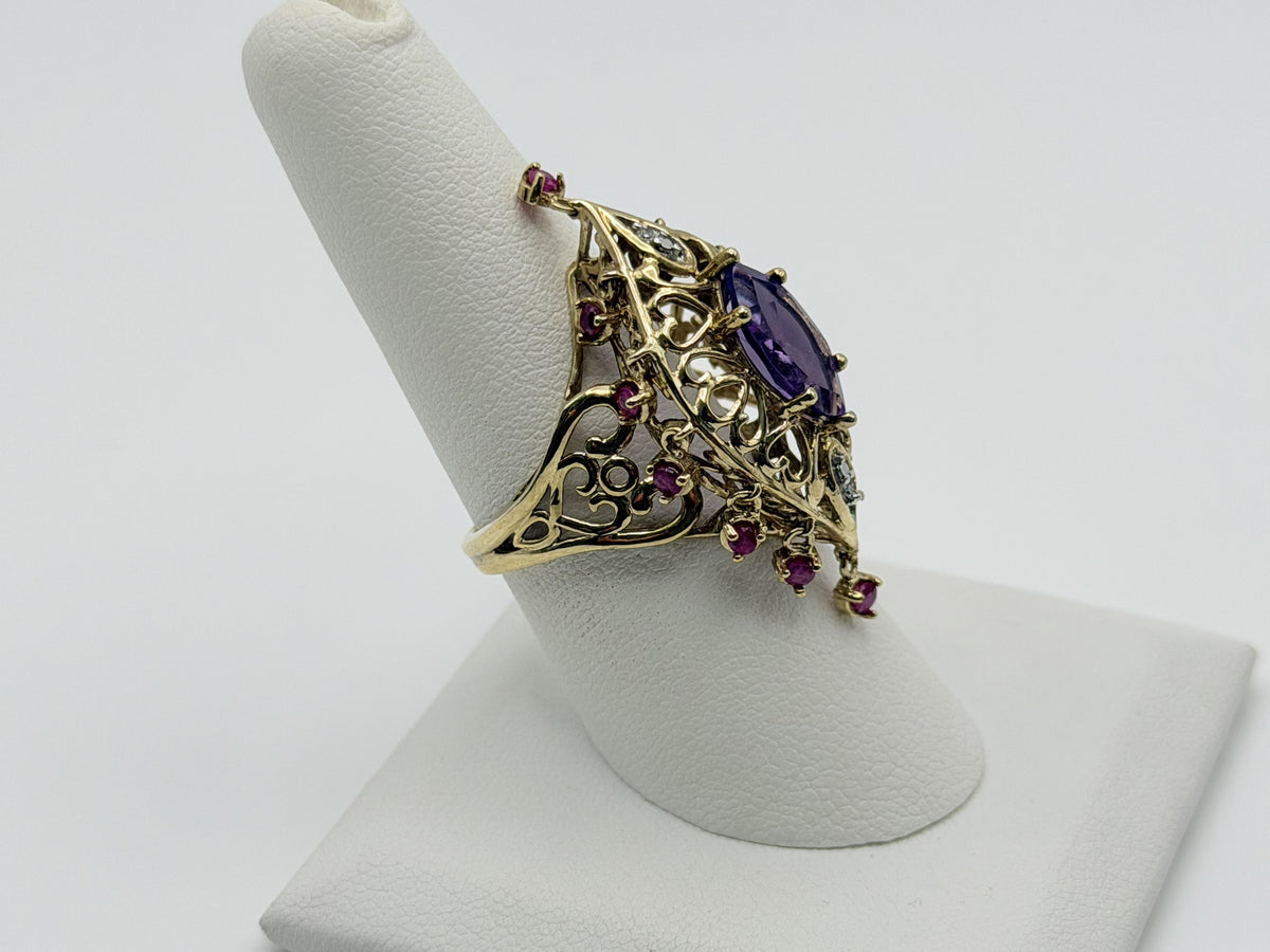 10k yellow Gold Amethyst Ruby Diamond Ring. Filigree Statement Cocktail Ring.