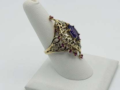 10k yellow Gold Amethyst Ruby Diamond Ring. Filigree Statement Cocktail Ring.