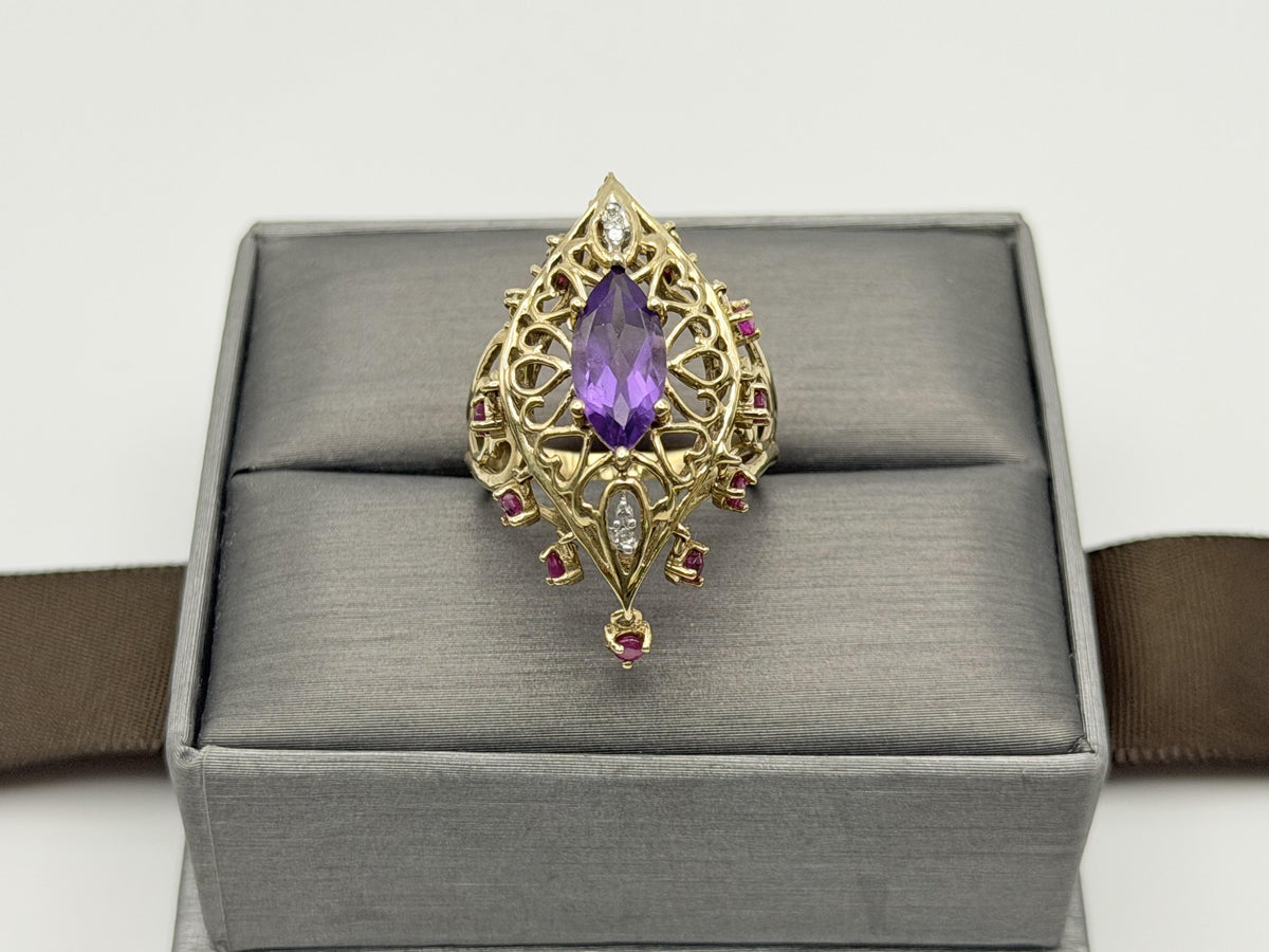10k yellow Gold Amethyst Ruby Diamond Ring. Filigree Statement Cocktail Ring.