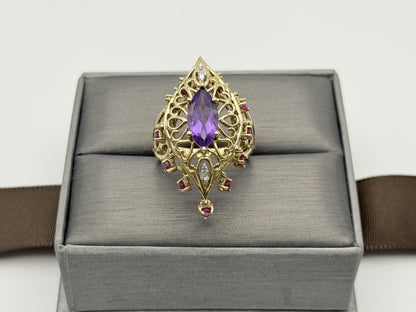 10k yellow Gold Amethyst Ruby Diamond Ring. Filigree Statement Cocktail Ring.