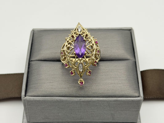 10k yellow Gold Amethyst Ruby Diamond Ring. Filigree Statement Cocktail Ring.