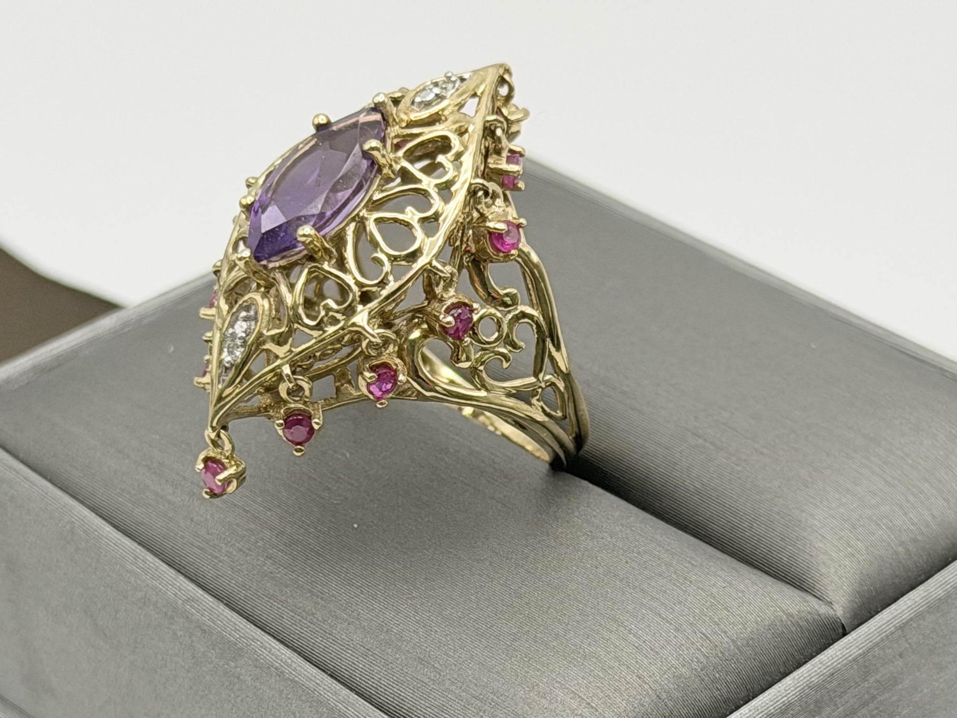 10k yellow Gold Amethyst Ruby Diamond Ring. Filigree Statement Cocktail Ring.