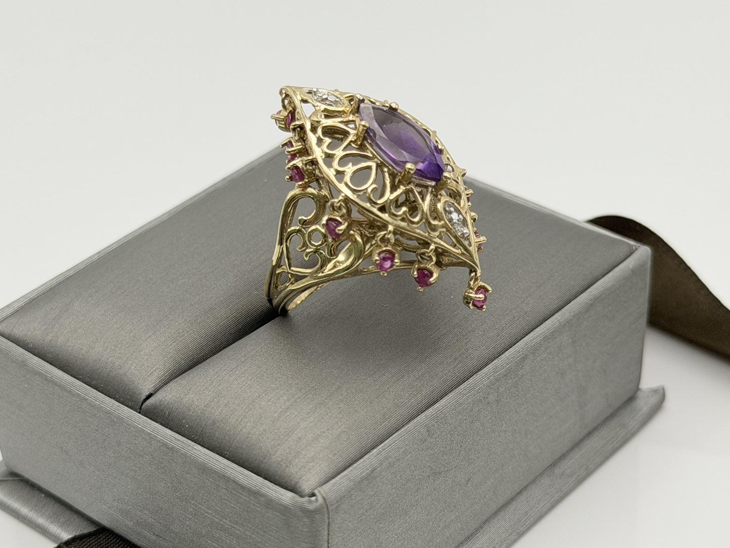 10k yellow Gold Amethyst Ruby Diamond Ring. Filigree Statement Cocktail Ring.