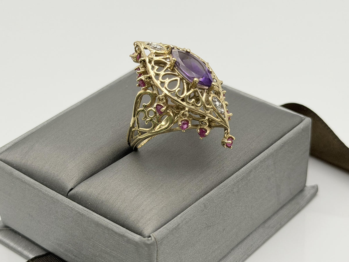 10k yellow Gold Amethyst Ruby Diamond Ring. Filigree Statement Cocktail Ring.