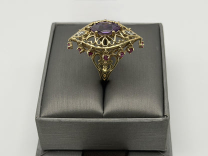 10k yellow Gold Amethyst Ruby Diamond Ring. Filigree Statement Cocktail Ring.