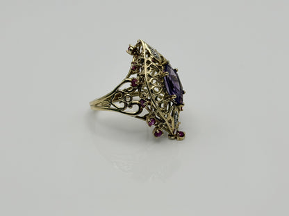 10k yellow Gold Amethyst Ruby Diamond Ring. Filigree Statement Cocktail Ring.