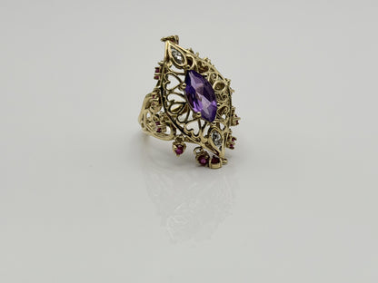 10k yellow Gold Amethyst Ruby Diamond Ring. Filigree Statement Cocktail Ring.